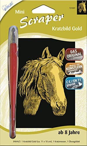 Mammut Spiel & Geschenk 131001 Kratzbild, Motiv Pferd, Gold, glänzend, Mini, Komplettset mit Kratzmesser und Übungsblatt, Scraper, Scratch, Kritzel, Kratzset für Kinder ab 8 Jahre