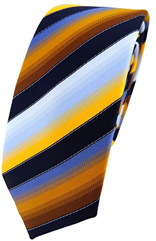 TigerTie - schmale Designer Krawatte in gelb orange kupfer blau hellblau marine gestreift