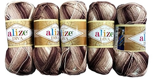 5 x 100 Gramm Alize Batik Wolle mehrfarbig mit Farbverlauf, 500 Gramm merzerisierte Strickwolle Microfiber-Acryl (braun beige weiß 1815)