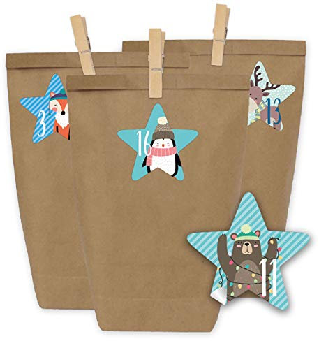 Papierdrachen Adventskalender zum Befüllen - 24 Geschenktüten und 24 Zahlenaufkleber und Klammern - Motiv Blaue Weihnachtstiere - zum Befüllen und Basteln - Weihnachten - Mini Set Nr 39