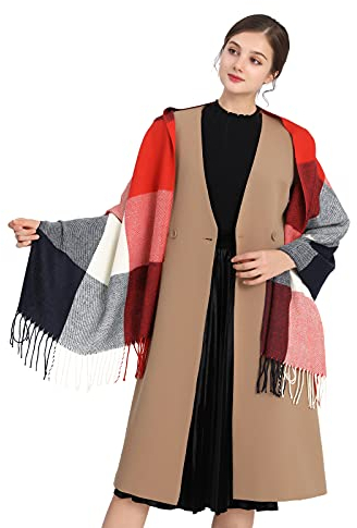 Miss Lulu Winter Lange Weiche Warme Tartan Schals Wraps für Frauen Wolle Spinnen Quaste Schal Lange Stola (Rot)