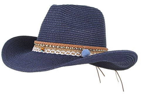 GEMVIE Summer Cowboy Cowgirl Hat Unisex Roll up Brim Fedora Straw Sun Hat Western Cowboy Hat Straw Beach Cap Navy