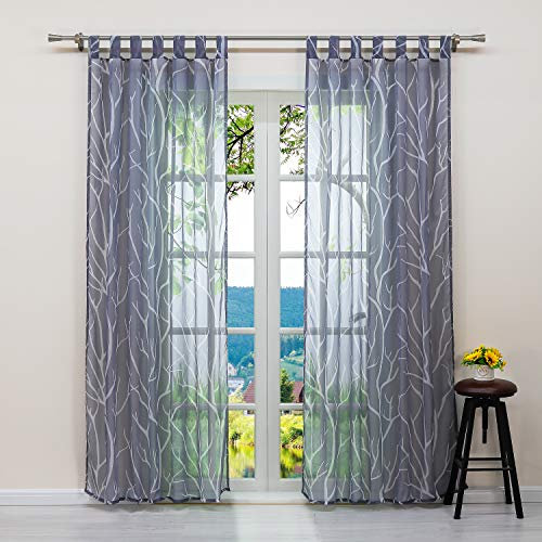 ESLIR Gardinen mit Schlaufen Vorhänge Fensterschal Transparent Schlaufenschal mit Zweige Muster Voile Grau BxH BxH 140x225cm1 Stück