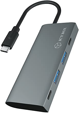 ICY BOX USB Hub 3.1 Gen 2 mit 4 USB Ports, USB 3.1 Gen2 10 Gbit/s, USB-C Verbindung, integriertes Kabel, Anthrazit, Aluminium, IB-HUB1428-C31