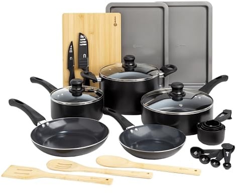 Ecolution Easy Clean Ceramic Nonstick Cookware Set, Dishwasher Safe Kitchen Pots and Pans Set, Comfort Grip Handle, Even Heating, and Ultimate Food Release, 26-Piece, Black