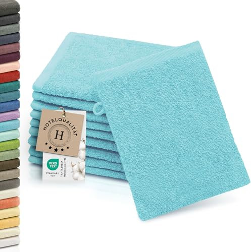 ZOLLNER 10er Set Waschlappen - weiche und saugstarke Waschhandschuhe - waschbar bis 95°C - Baumwolle - 16x21 cm in azurblau