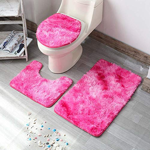 ETOPARS Badteppich-Set 3-teilige, rutschfeste Badematte U-förmiger Konturteppich und Toilettendeckel Waschbar Weicher Saugfähige Fussmatter (Rose)