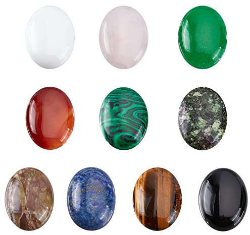 SUPERFINDINGS 10 Stück 10 Stile Ovale Natürliche Edelstein Cabochons 30x22mm Flatback Edelstein Cabochons Gefärbter Heilquarz Chakra Stein Für Die Schmuckherstellung