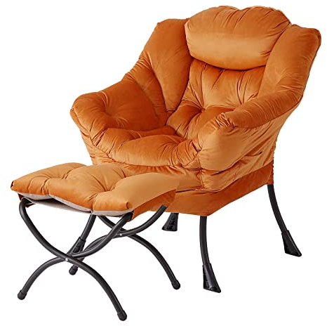 Welnow Fauteuil inclinable moderne avec pouf, chaise d'appoint avec accoudoirs et poche latérale, fauteuil de lecture rembourré avec repose-pieds, pour petits espaces, chaise d'angle, marron rouge