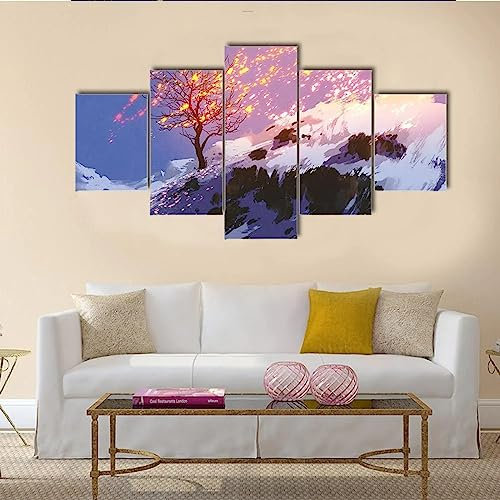 3D Wandaufkleber Kunst Malerei,moderne bilder wohnzimmer mit rahmen,kunstdruck auf leinwand,xxl bilder auf leinwand Kahler Baum im Winter,leinwanddrucke 5 panels,5 stück leinwand bilder 150x80cm