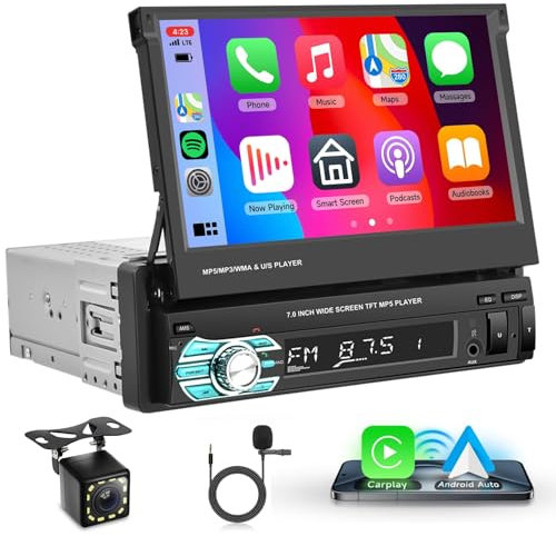 Single Din Car Stereo Wireless CarPlay Android Auto, Rimoody 7 Inches Flip Out Touch Screen Car Radio 1 Din with Bluetooth Mirror Link FM Radio TF/USB/AUX/Type C + Rear View Camera