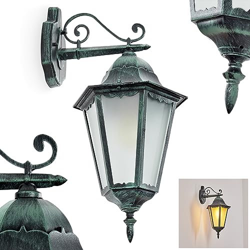 Außenwandleuchte Hongkong, Wandlampe abwärts in antikem Look aus Metall/Glas in Schwarz-Grün/Milchglas, Wandleuchte im Retro/Vintage Design, Außenleuchte für Terrasse/Veranda, E27, ohne Leuchtmittel