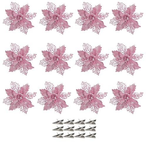 SECALIFE 12 Pcs Christmas Flowers Large (16CM) Poinsettia Christmas Glitter Flower Artificial Flowers with Clips for Christmas Tree Wreath Hanging Party Xmas DIY Decor, Pink