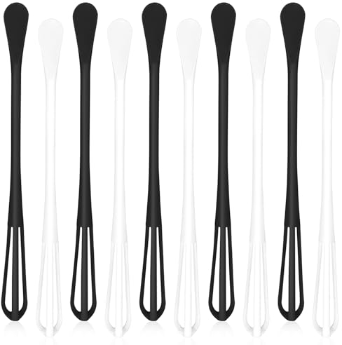CANIPHA 10Pcs Small Whisk, 2 in 1 Whisk Multifunctional Tiny PP Plastic Whisks for Cooking, Long Handle Spoon Manual Tool Egg Stirring, Sauce Mixing (Black/White), MA0833