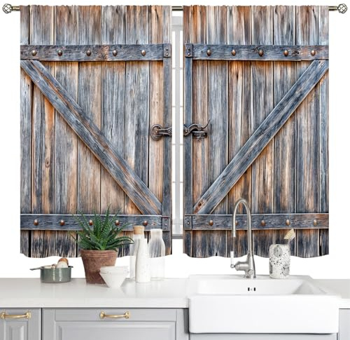 Landhaus Küchenvorhänge mit rustikalem Scheunentor-Motiv, Vintage-Farmstil. Kleine, kurze Café-Vorhänge aus Stoff, 2 Paneele (71,1 x 99,1 cm), ideal für Küche und Spüle im Western-Look
