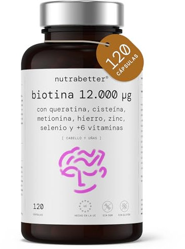 Biotine 12 000 mcg avec kératine, cystéine, méthionine, fer, zinc, sélénium et +6 vitamines | 120 gélules | Croissance et anti-chute des cheveux | Ongles et peau éclatante