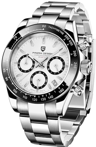Pagani Design Daytona Hommage Herren Quarzuhr, Chronographen-Armbanduhr für Herren, VK63 Uhrwerk, Edelstahlband, PD1644 (Silber weiß, Edelstahl)