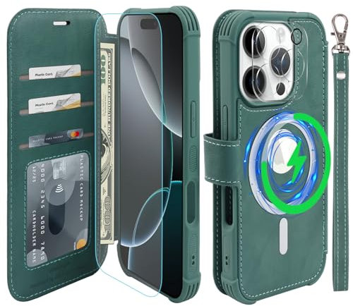 VANAVAGY Compatible for iPhone 16 Pro Wallet Case for Magsafe Wireless Charging,Leather Flip Folio Wrist [Glass Screen Protectors and Camera Lens Protectors]with RFID Block Card Holder,Forest Green