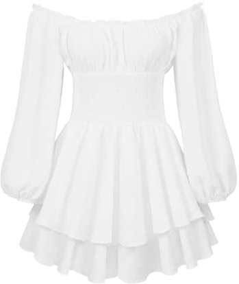 Women's Puff Sleeve Off Shoulder Mini Dress Ruffle Tiered Smocked Layered Flowy Dress A Line Swing Beach Smocked Short Dress (A-White, M)