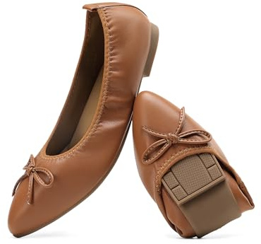 DREAM PAIRS Vikbara platta damskor med spetsig tå, balettskor, rosett, bekväma slip-on finskor, Brun, 38.5 EU
