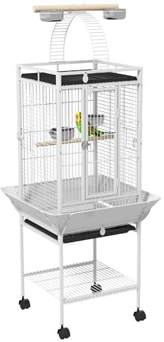 PawHut Vogelkäfig Papageienkäfig mit Rädern, Sitzstangen, Brücke mit Bogen und abnehmbaren Tabletts, Voliere für Wellensittiche, 62,5 x 62,5 x 156 cm, Weiß