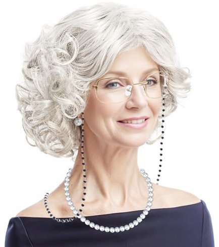 JSTHHTT 7 StüCk Oma PerüCke KostüM Alte Frau Set, Oma Cosplay ZubehöR, Oma-Brille Brillen Ketten, Perlenkette, Ohrringe, GroßMutter Alte Dame PerüCke FüR Fasching Karneval Weltbuchtag Halloween