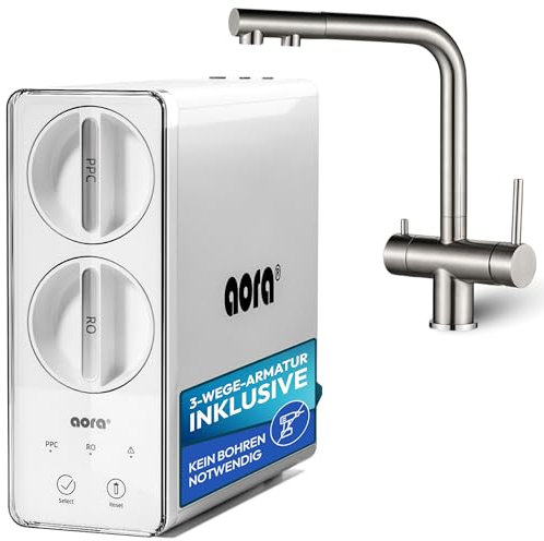 aora GT600 Umkehrosmoseanlage + 3-Wege-Edelstahl-Armatur OHNE bohren – Osmose Wasserfilter mit 8-Stufen-Filtration & Filterwechsel in 3 Sek. – Osmoseanlage Untertisch + tanklosem RO System - Giulia-L