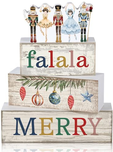 Lineshading 4 Pcs Christmas Table Decorations Wooden Nutcracker Fairy Ballet Merry Christmas Table Centerpiece Decorative Soldier Fairy Ballet Block Signs Gift for Xmas Home Kitchen Tier Tray Decor
