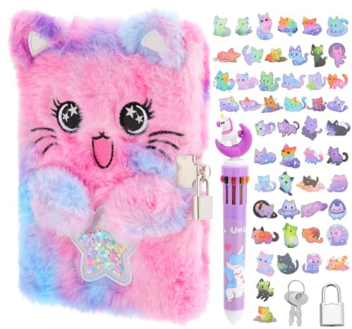 Candcamp Cat Secret Diary mit Schloss, Lila Flauschige Katze Notizbuch Set mit Aufklebern Stift zum Schreiben und Zeichnen Geburtstagsgeschenk für Mädchen Alter 5-12