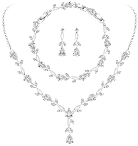 XVICO 3‑teiliges Blumen‑Brautschmuckset Halskette Armband Ohrringe Zirkonia | Blumenförmiges 3‑teiliges Schmuckset mit Zirkonia‑Besatz aus Halskette Armband und Ohrringen Hochzeit Abendveranstaltungen