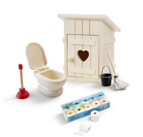 Zouonou Wichtel Toilette Set 6-teilig, Miniatur WC Zubehör für Wichteltür, Holz Toilettenhäuschen mit klappbarer Mini Toilette, Wichtelhaus Miniatur Deko & Zubehör