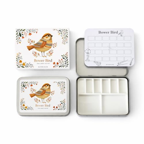 Bower Bird Travel Ceramic Watercolor Palette with Porcelain Mixing Tray, Metal Tin Box, White, 5.3x3.5x0.55 Inches, Portable Art Kit (8Well)
