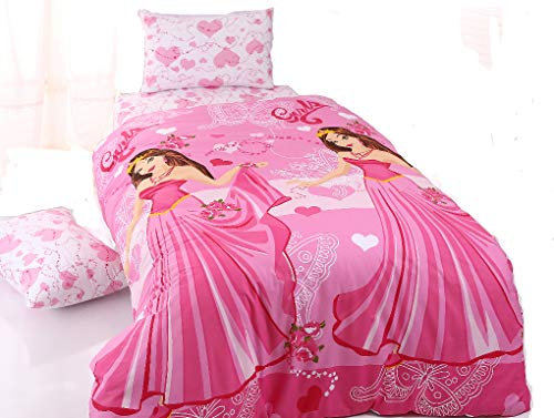 KESTEX Bettwäsche Prinzessin Girls Pink 100% Baumwolle 135x200 cm 2er Set mit Cinderella Muster / 2 teilig Bettbezug 135x200 cm mit Reißverschluss + 80x80 cm Kissenbezug mit Reissverschluss