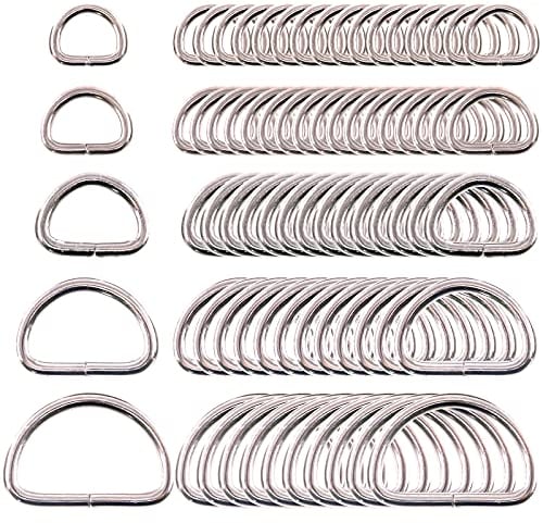 Swpeet 120 Stück D Ringe Schnalle Tasche Halbringe Gurtversteller,Metallringe Silber,15mm,19mm,25mm,32mm,38mm,Makramee Ringe Floral Hoops Ringe für Tasche Schnalle Gurte Rucksack