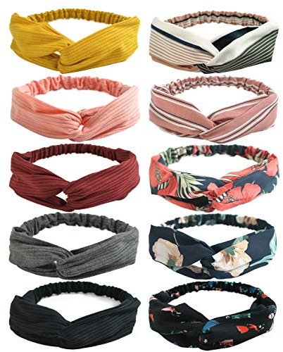DRESHOW 10 Stück Damen Boho Stirnband Kopfband Haarband Gedruckt Stirnbänder Knoten Verdrehtes Elastische Kopf Wickeln Niedlich Haarschmuck für Mädchen