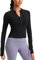CRZ YOGA Women's 1/2 Zip Long Sleeve Crop Top Stretchy Sports Fitness Tops Running Gym Shirts with Thumb Holes Black 10