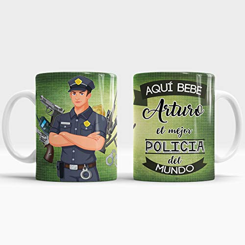 Aquí Bebe el Mejor Policía del Mundo - Taza Personalizada Con Nombre para Guardia de Seguridad - Regalo Original de Cerámica 350 ML
