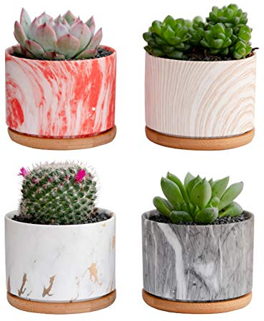 GardenPlus Sukkulenten Blumentöpfe 3,5 Zoll Rund Marmorierung Keramik Sukkulenten Übertopf mit Bambusschale und Drainageloch - 4er-Set (Marmorierung 1)