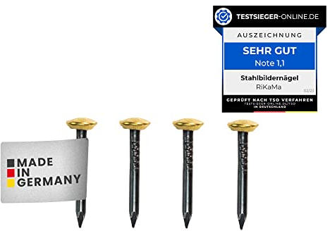RIKAMA® – 20 Bildernägel mit 30 mm Länge – Stahlnägel mit 6 mm Messingkopf für den Einsatz auf Beton, Ziegelstein, Putz & Holz – Nägel aus gehärtetem Stahl als Bilder Aufhängung – Made in Germany