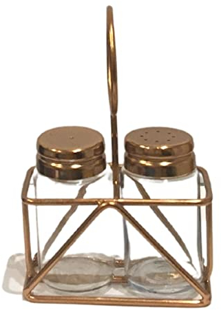Nobel Salt & Pepper Shaker Glass Set, Copper Plated Lids and Heavy Duty Stand