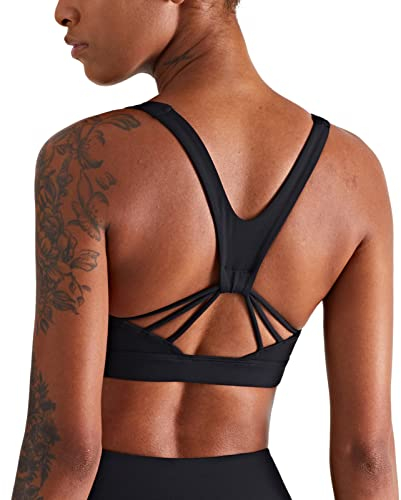 icyzone Damen Sport BH Starker Halt Gepolstert Training Bustier Top Fitness Yoga Bra (S, Black-V Back)