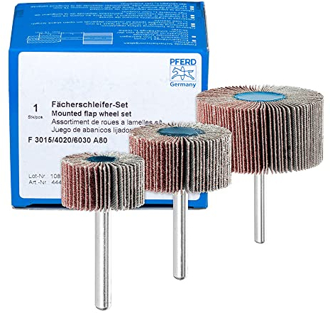 PFERD Fächerschleifer-Set F, 3-tlg. / Korund Ø30x15mm Ø40x20mm Ø60x30mm Schaft-ø 6mm A80 / 44498032 – für Feinschliff & Finish mit dem Geradschleifer oder Biegwellenantrieb