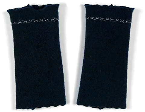 Armstulpen/Pulswärmer: Walkloden (Walkwolle, Kochwolle) in Nacht-Blau; Zierstich