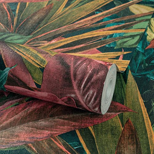 Grandeco Painted Leaves Tropical Vista Wallpaper, Green Pink