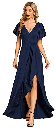 Ever-Pretty Robe de Soirée Femme Longue Col V Manches Courtes Fendue Asymétrique A Line Chic Bordeaux 36