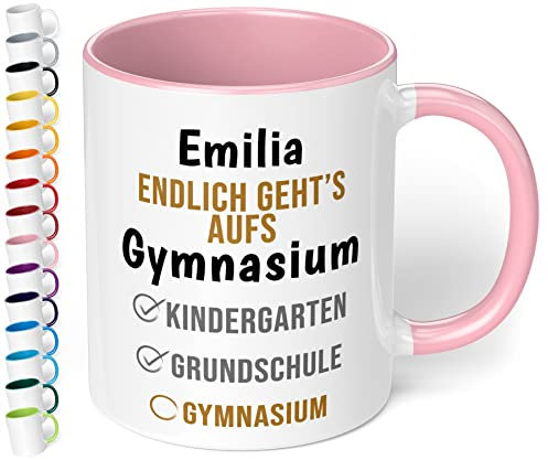 Geschenk Keramik-Tasse mit Namen „WUNSCHNAME Endlich geht’s aufs Gymnasium“ - Gymi Geschenk für Mädchen und Jungen (Rosa)
