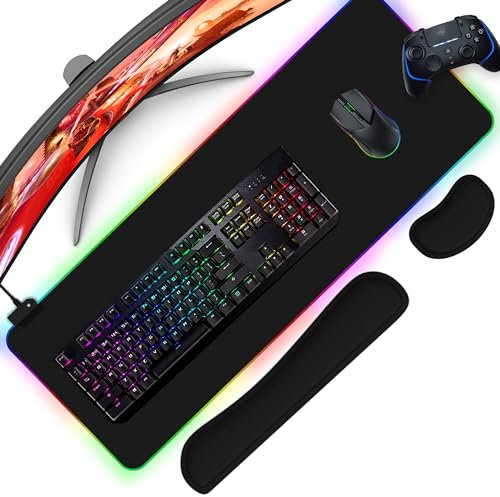PrisTeam Gaming RGB Gaming Mouse Mat Wrist Support - 800mm x 300mm Large Mouse Pad with Breathable Keyboard and Mouse Wrist Support, Non-slip Gaming Mat, Water-Resistant