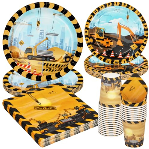 PARTY GO 96 Pcs Construction Birthday Tableware Set, Paper Plates Cups and Napkins, Disposable Dinnerware Party Supplies for Birthday Party Baby Shower Engagement Decorations Serve 24 Guests