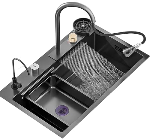 Fregadero de cocina con cascada de acero inoxidable negro, grifo de cascada negro, fregadero de un solo cuenco, todos los accesorios incluidos (68 x 45 x 22 cm)