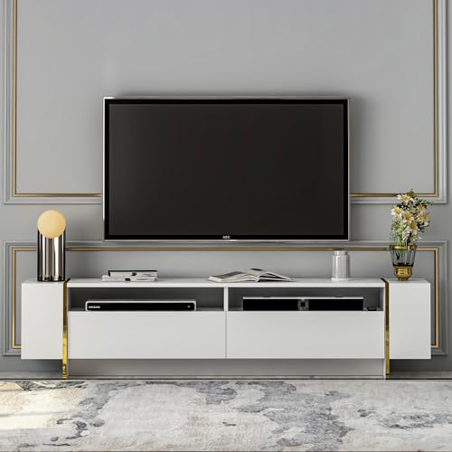 HOMIDEA Angel Ensemble de Salon – Meuble TV – Banc TV en Bois avec 2 Portes au Design Moderne pour Le Salon (Blanc Brillant)